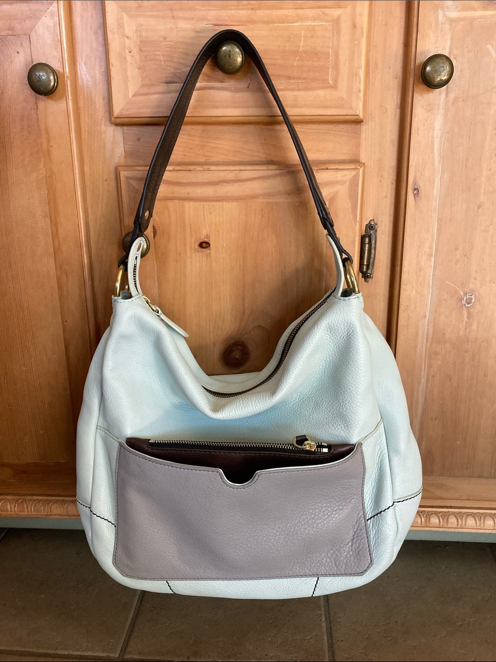 orYANY Soft White Leather Hobo Bag with Taupe Front Pocket